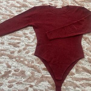 100% Cashmere Knit Long Sleeve Bodysuit – Burgundy / Wine – Likely Size M